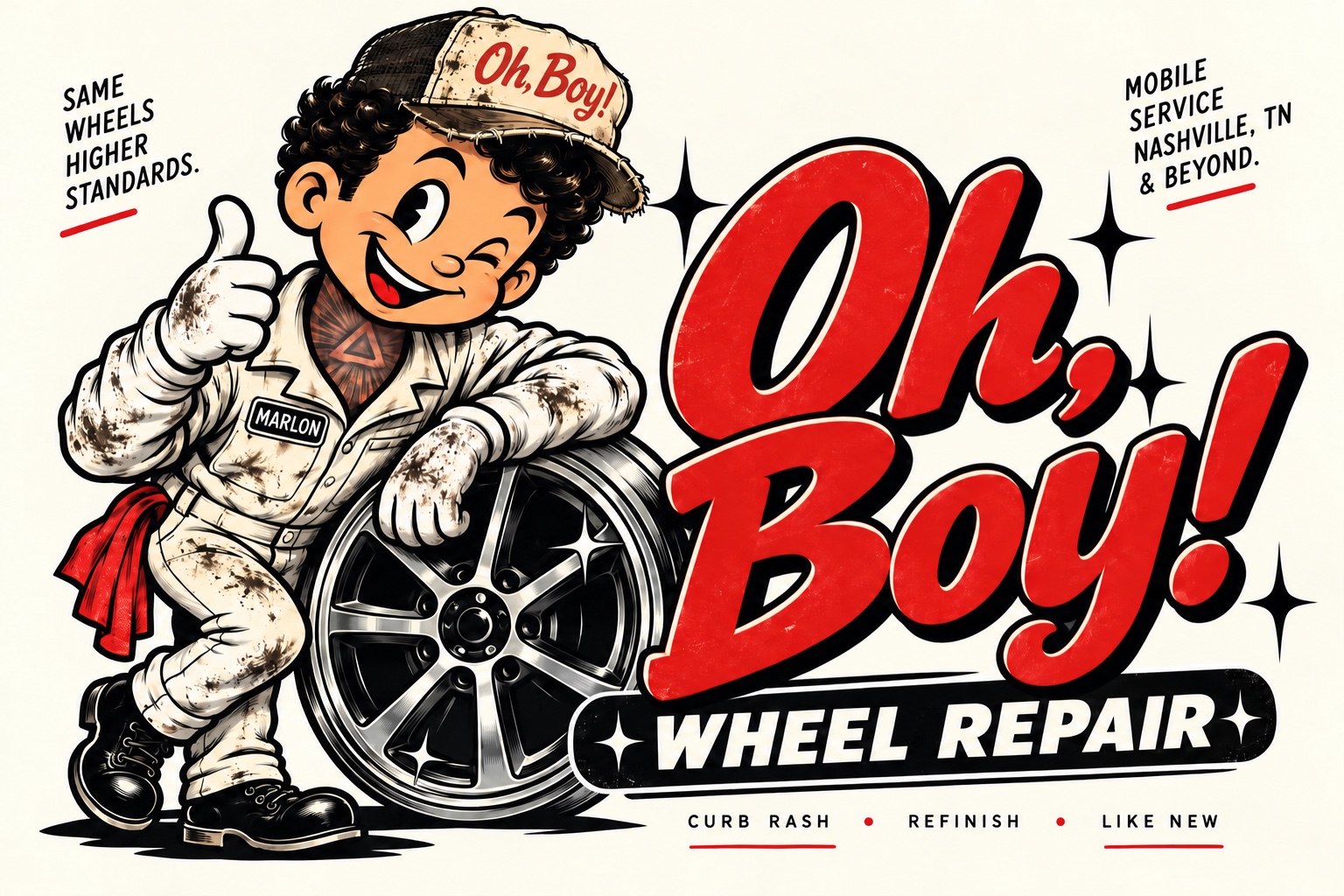 Approved Oh, Boy! Wheel Repair artwork: Marlon and a freshly finished wheel